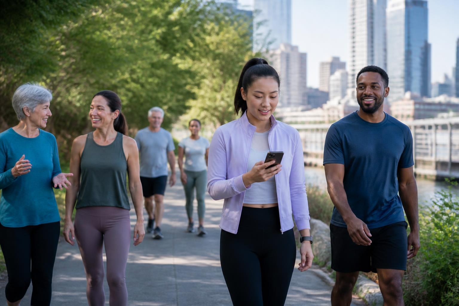 apps for walking challenges: People walking outdoors while checking a step-tracking app on a smartphone