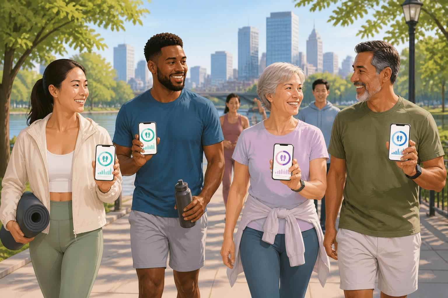 People walking outdoors while checking step progress on their phones