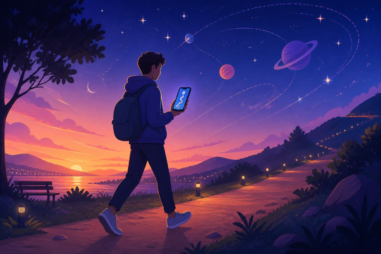 walking rpg: Person walking at dusk with a space-adventure style step journey on a phone