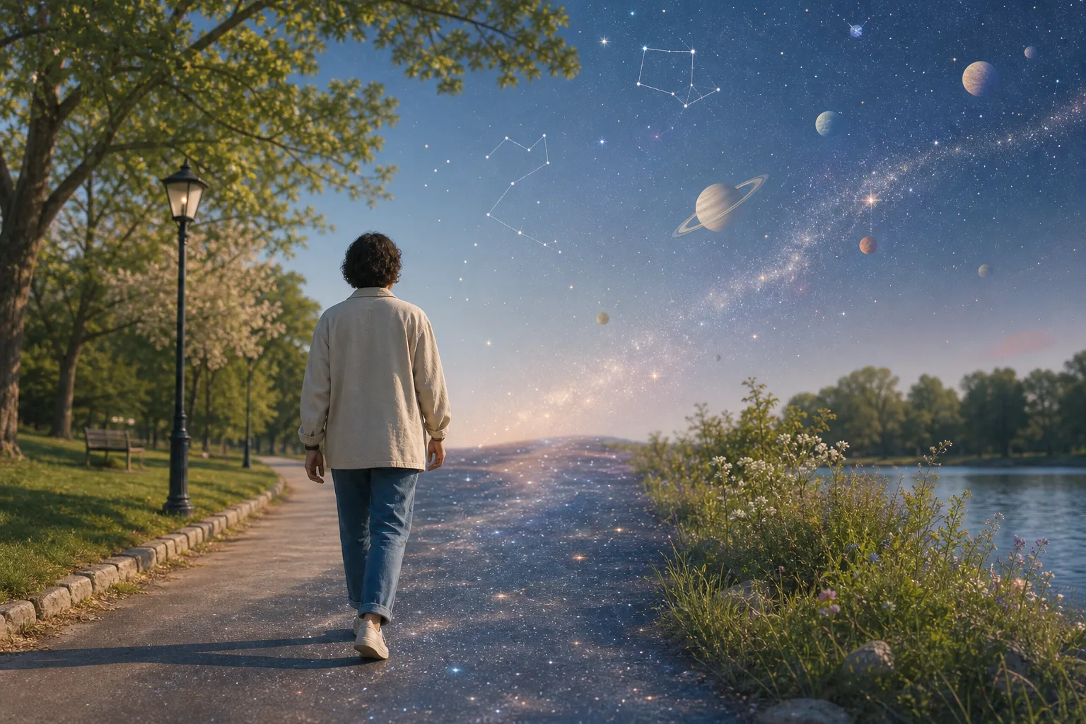 Walker following a park path beneath an imaginative starry sky.