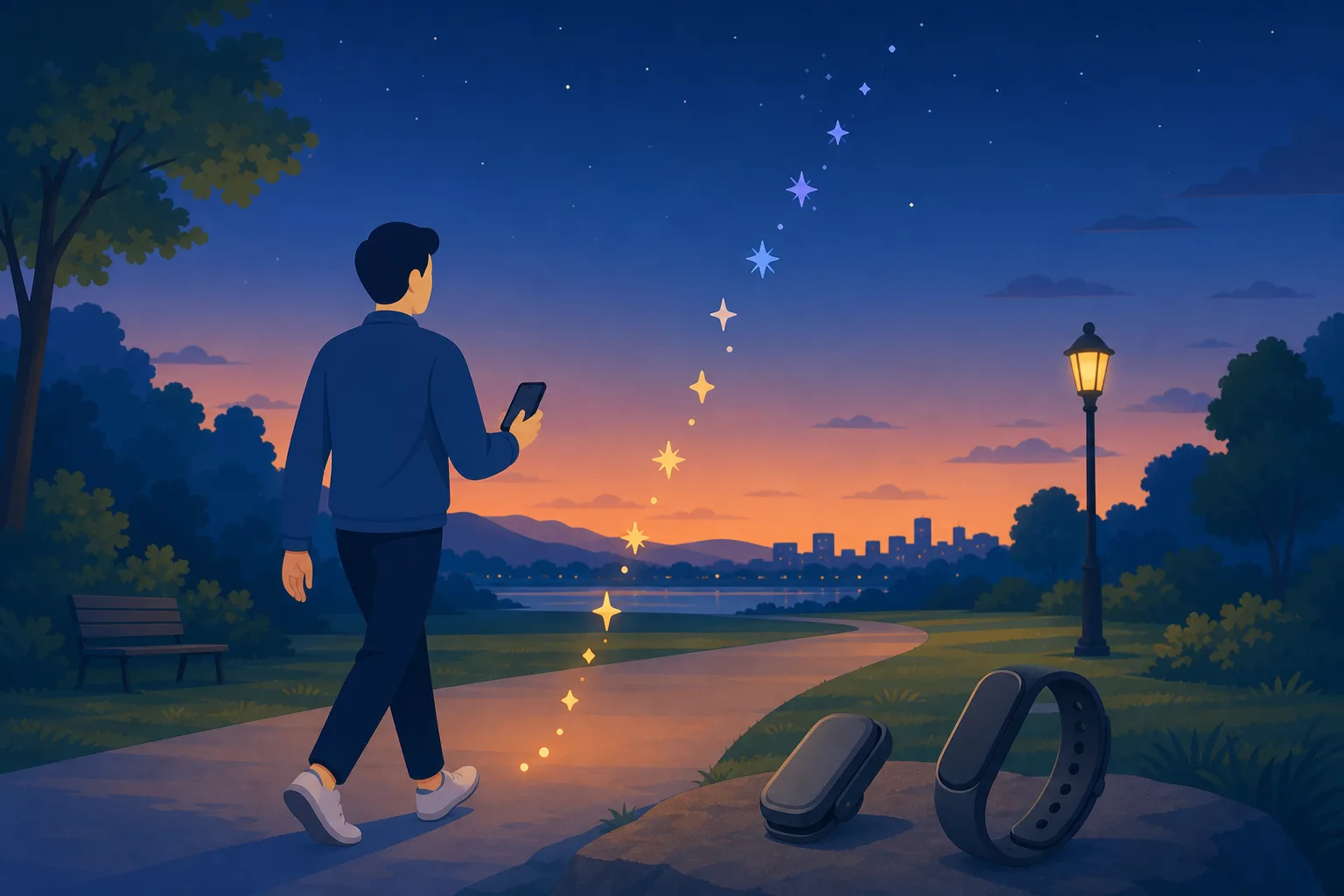 Illustration comparing phone, clip-on, and wrist-worn ways to track walking steps.